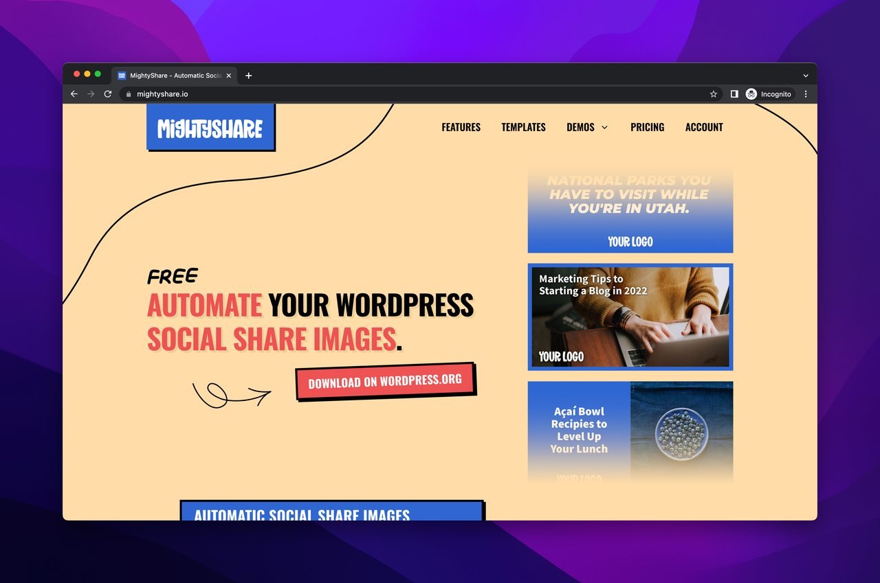 Mightyshare image generation tool homepage with a text that says "AUTOMATE YOUR WORDPRESS SOCIAL SHARE IMAGES."