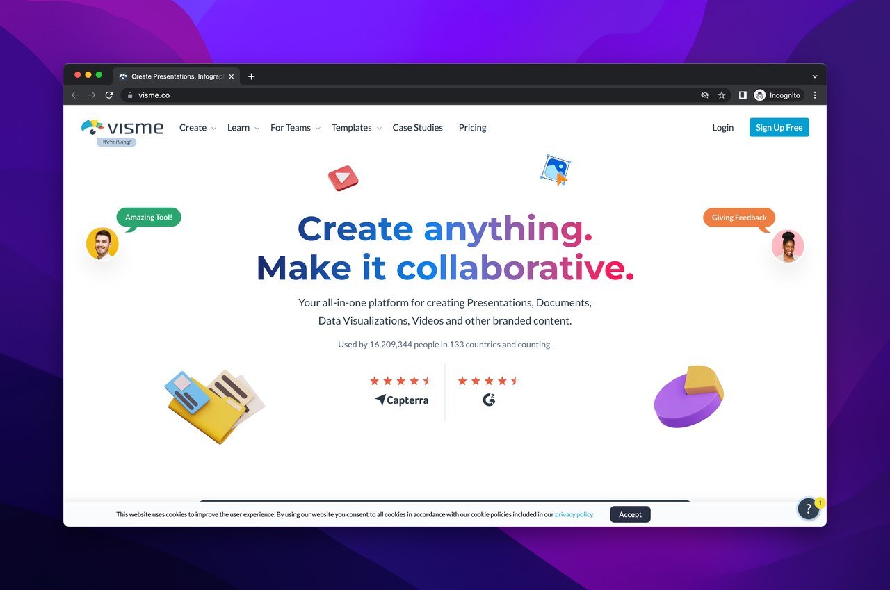 Visme image generation tool homepage with a text that says "Create anything. Make it collaborative."
