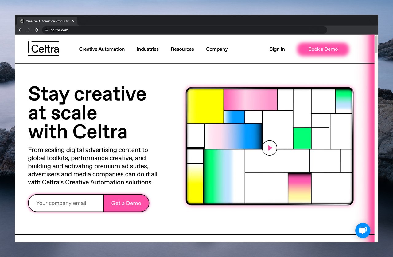 celtra white themed homepage with a colorful video preview on the right and the headline on the left followed by an email box and a pink "get a demo" button 
