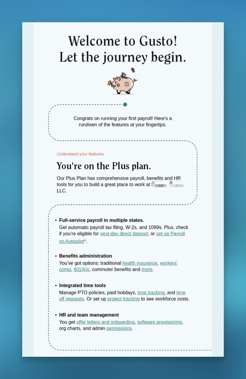 Gusto welcome onboarding email example