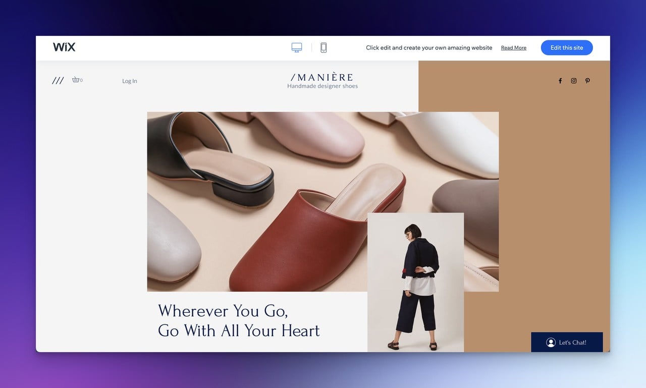 a shoe store Wix template with pictures of shoes and a model wearing a pair