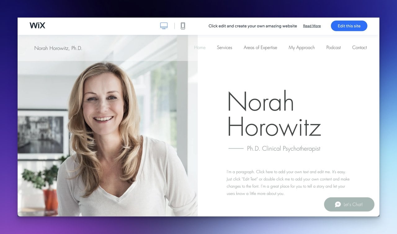 The therapist Wix website template with a picture of a woman smilling to the camera on the left side