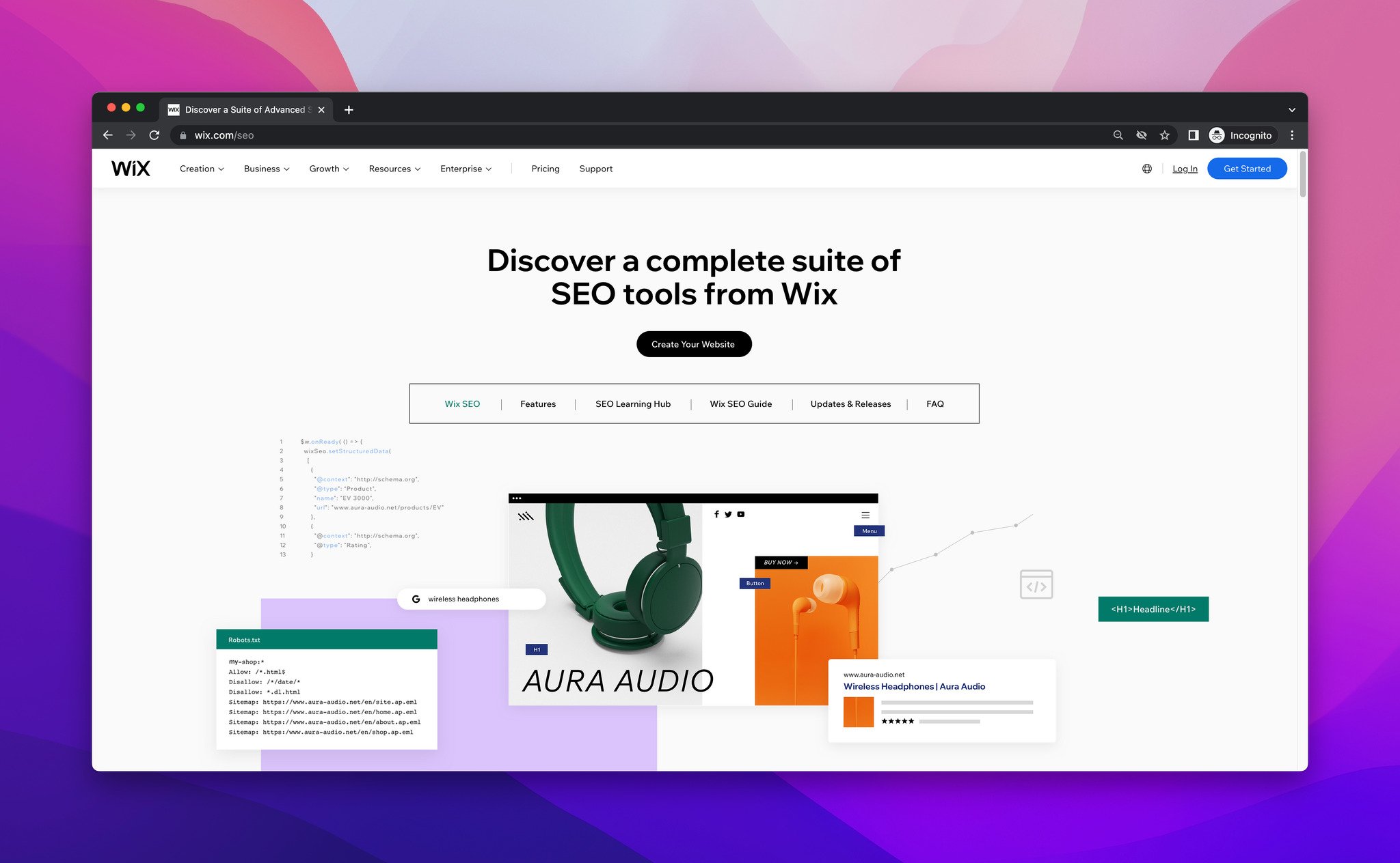 a screenshot of Wix SEO features landing page