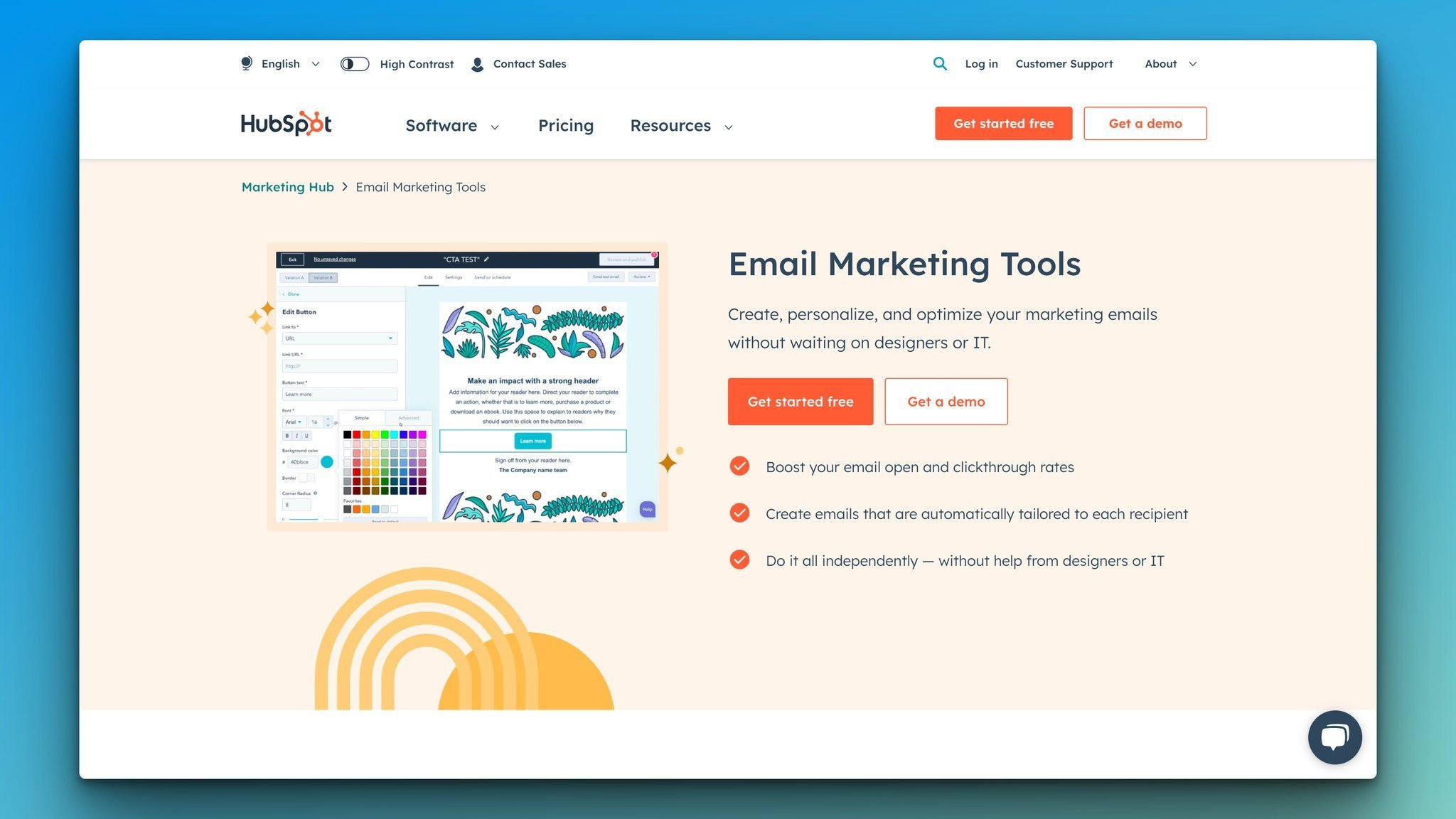 Hubspot’s homepage with the product preview on the left and Email Marketing Tools headline on the right followed by Get started free and Get a demo buttons