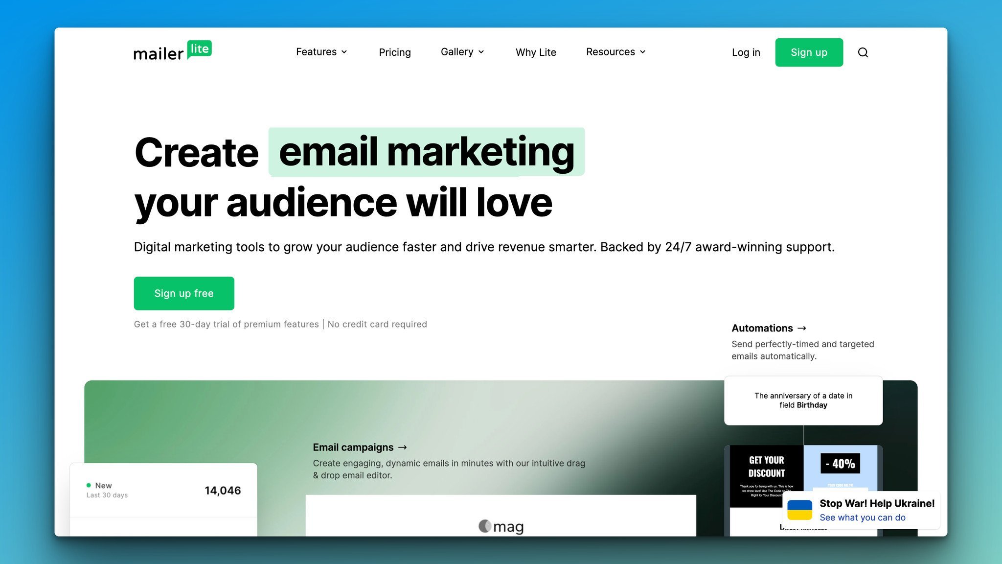 Mailerlite’s homepage with “Create email marketing your audience will love” headline followed by Sign up free button and product preview