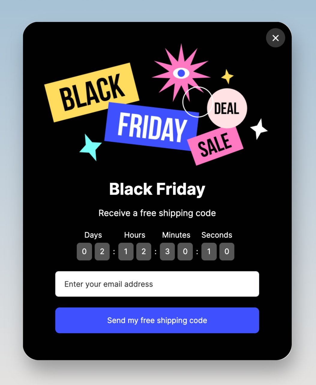 a Black Friday popup with a countdown timer offering a Black Friday free shipping code