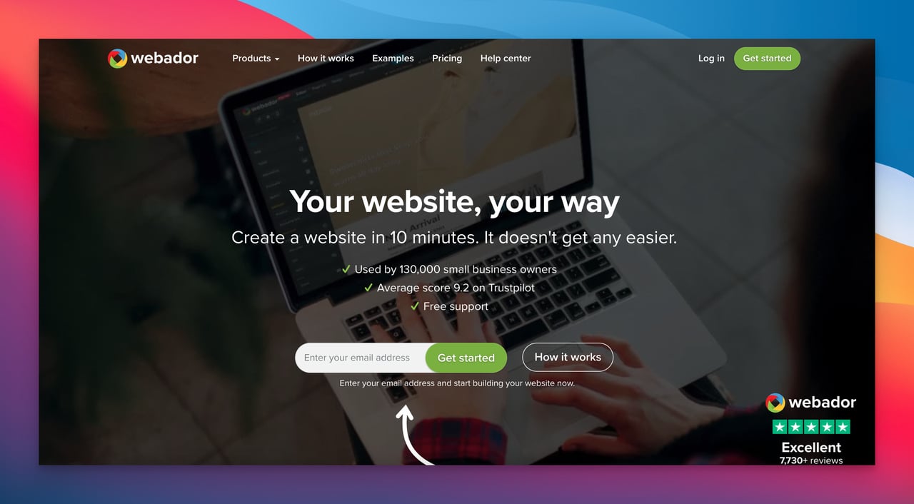 The homepage of Webador which is one of the alternatives to Wix