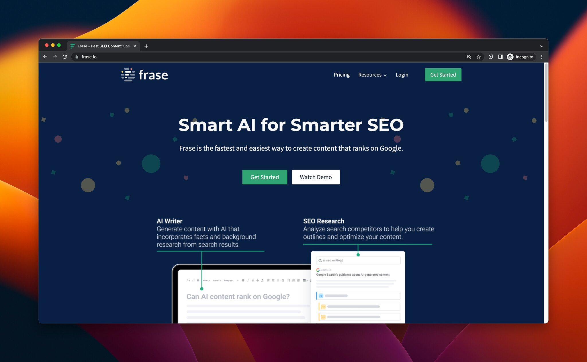 a screenshot of the landing page of Frase, AI tool for e-commerce