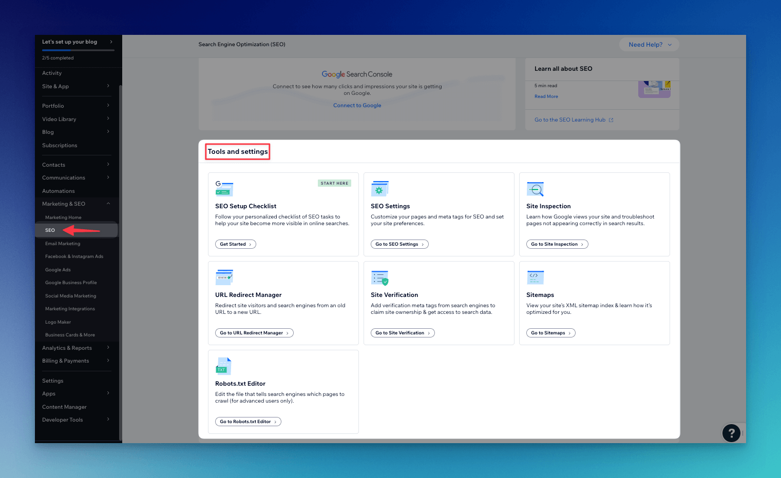 wix dashboard seo tools settings