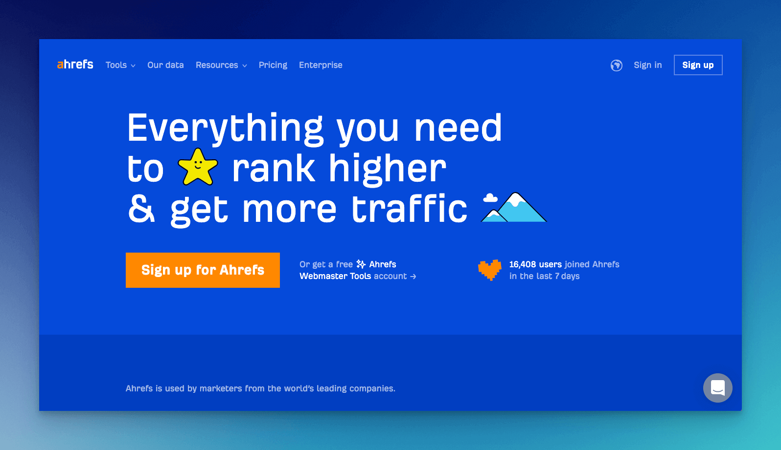 ahrefs seo crawler tool homepage with a blue background and a copy text that says "everything you need to rank higher & get more traffic"