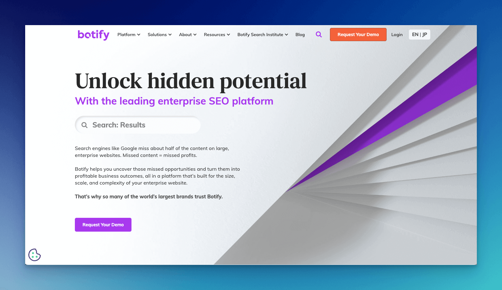 Botify seo crawler tool homepage with a copy in big font that says "unluck hidden potential" and some other texts in little font about the tool