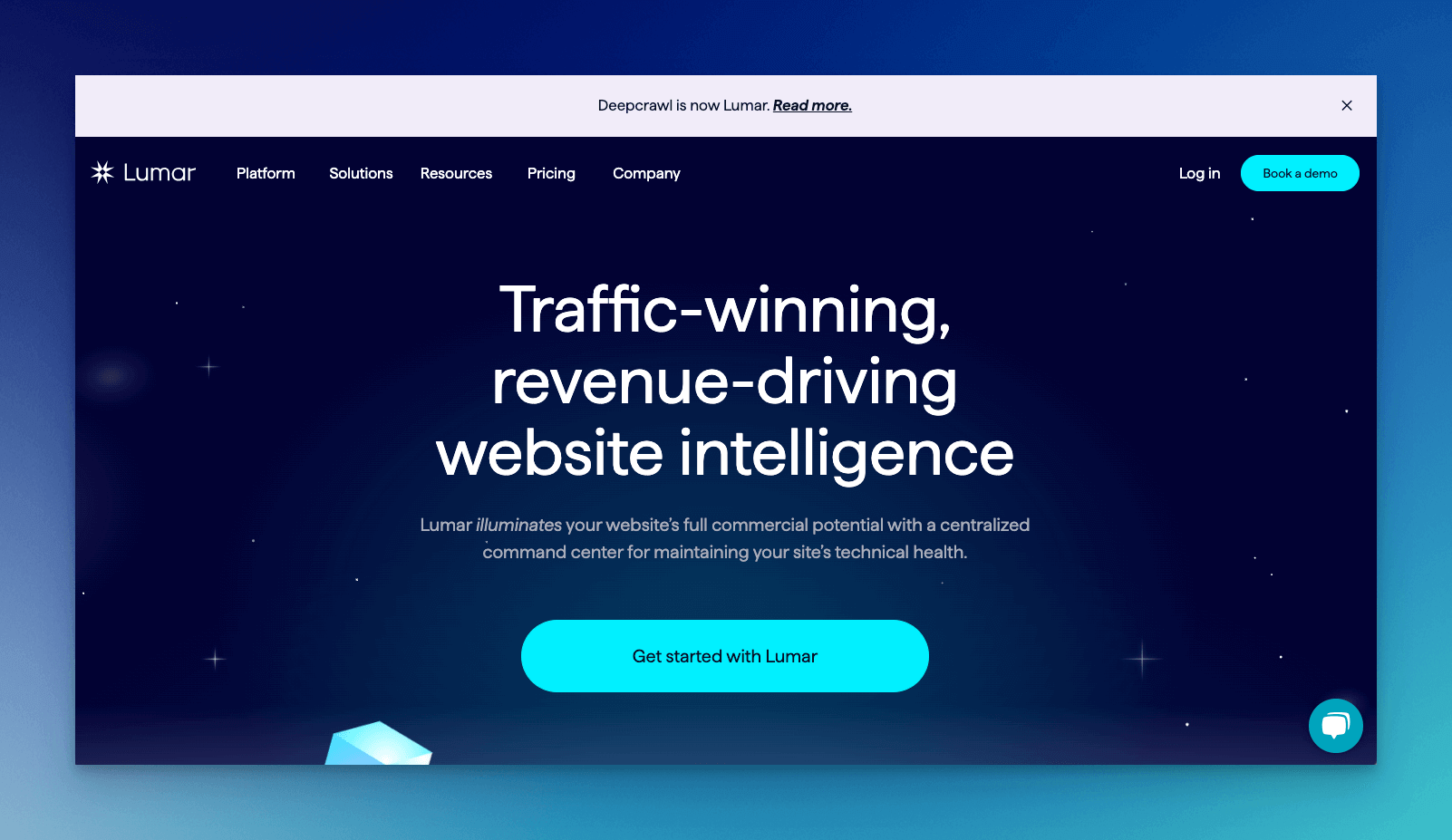 Lumar formerly known as DeepCrawl seo crawler tool homepage with a dark blue background and a copy that says "Traffic winning, revenue driving, website inteligence"