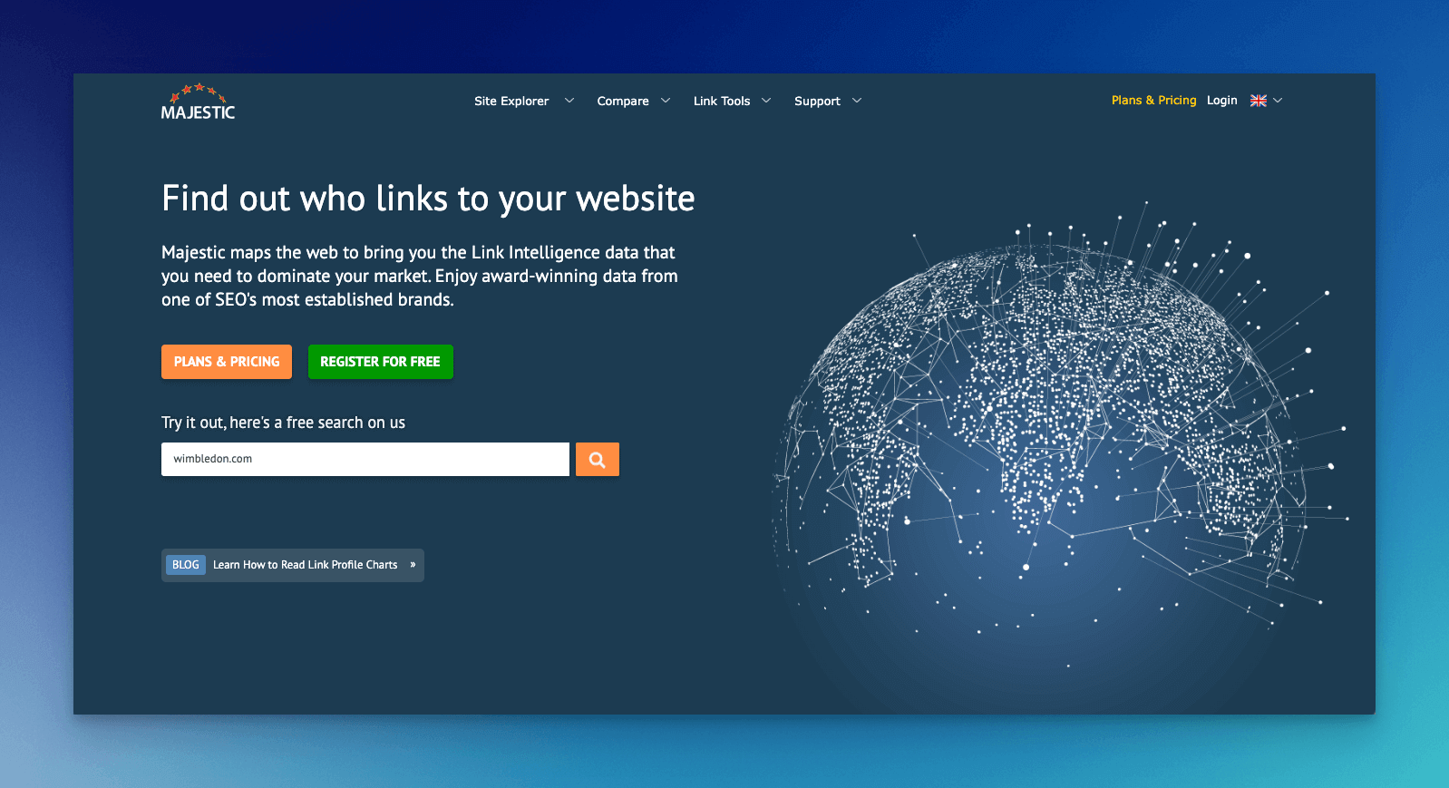 majestic SEO crawler tool homepage with an illustration of a planet earth showing all the connections on the right side and some text about the tool on the left
