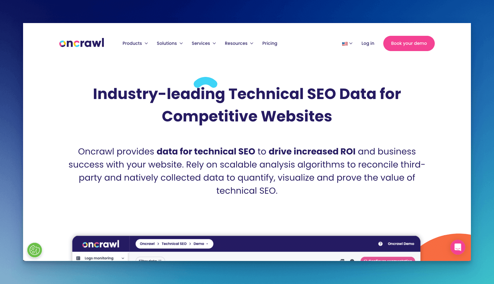 OnCrawl seo crawler tool homepage with a copy that says "Industry-leading Technical SEO Data for Competitive Websites"