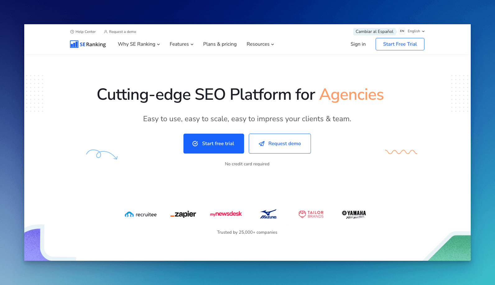 SE Ranking seo crawler tool homepage with a copy that says "cutting edge SEO platform for agencies"