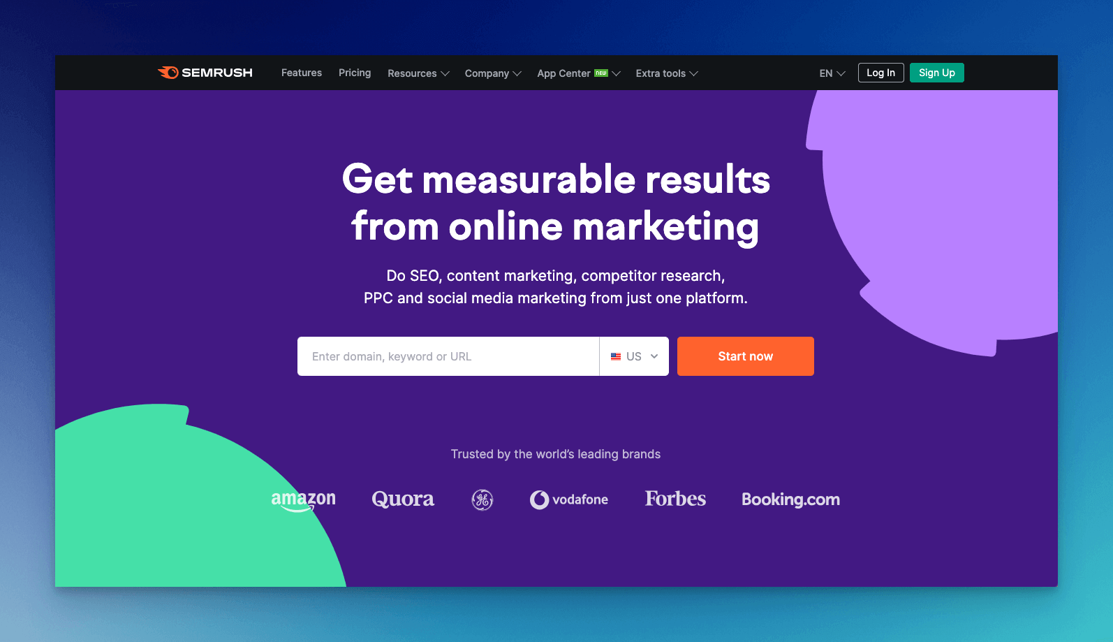 SEMrush SEO crawler tool homepage with purple background