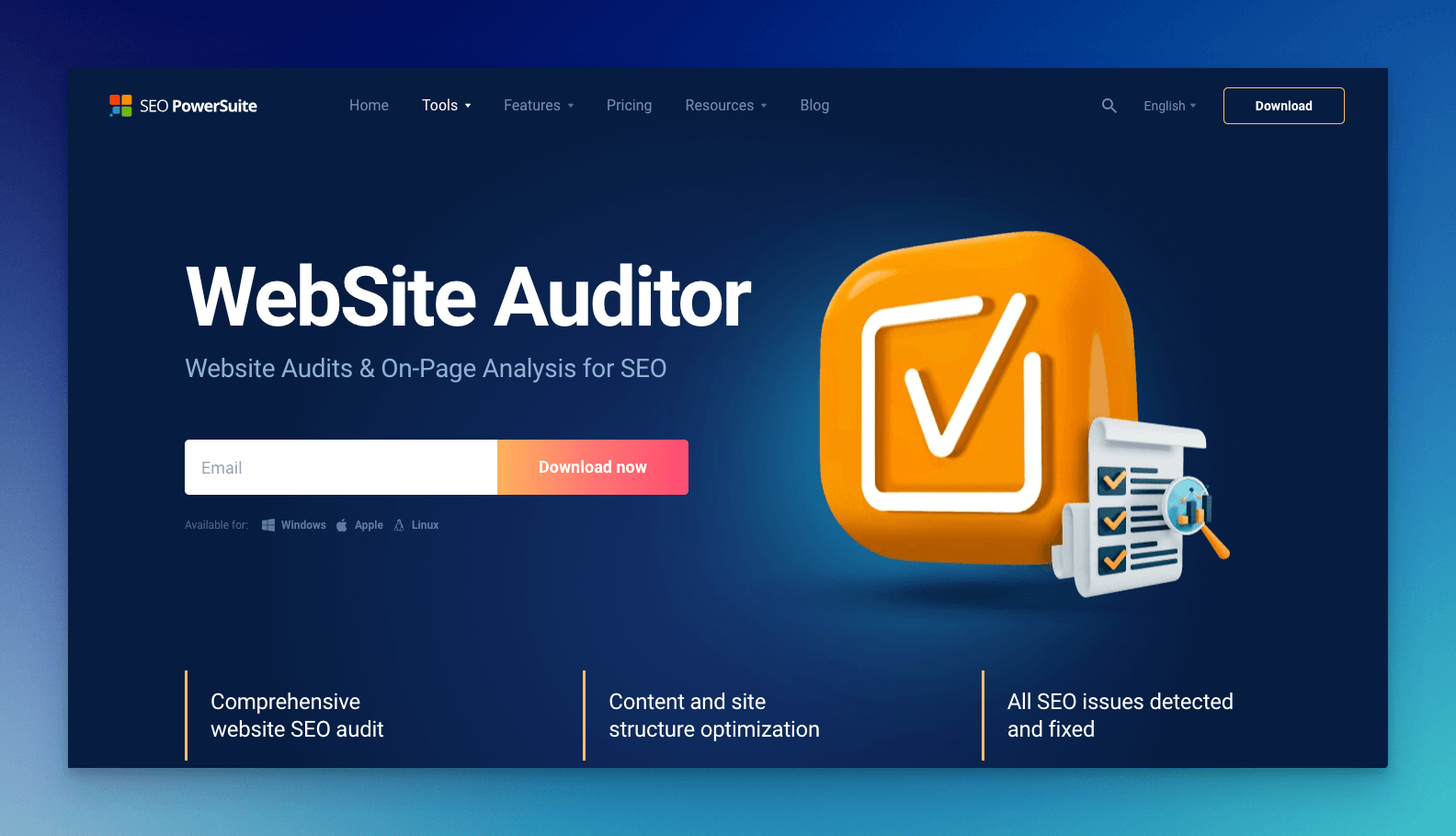 seo powersuite crawler tool homepage with an illustration of a check emojy on the right side and a big text that says "website auditer" on the left side