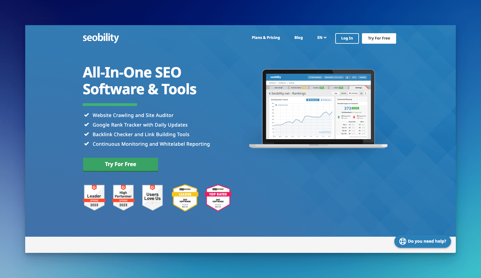 SEObility SEO crawler tool homepage with a blue background and a copy that says "All in one SEO software & tools"