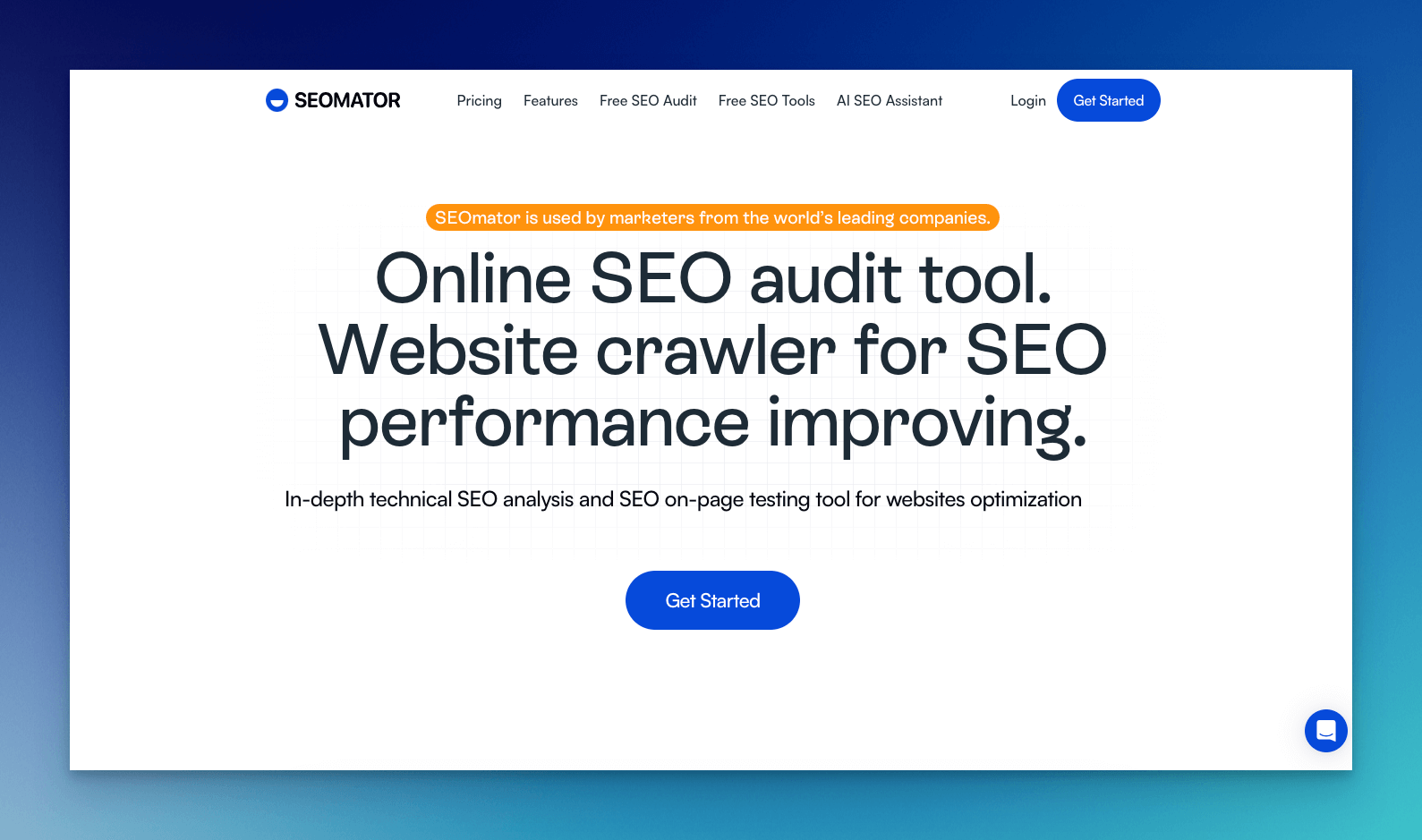 seomator seo crawler tool homepage with a copy that says "Online SEO audit too, website crawler for SEO, performance improving"