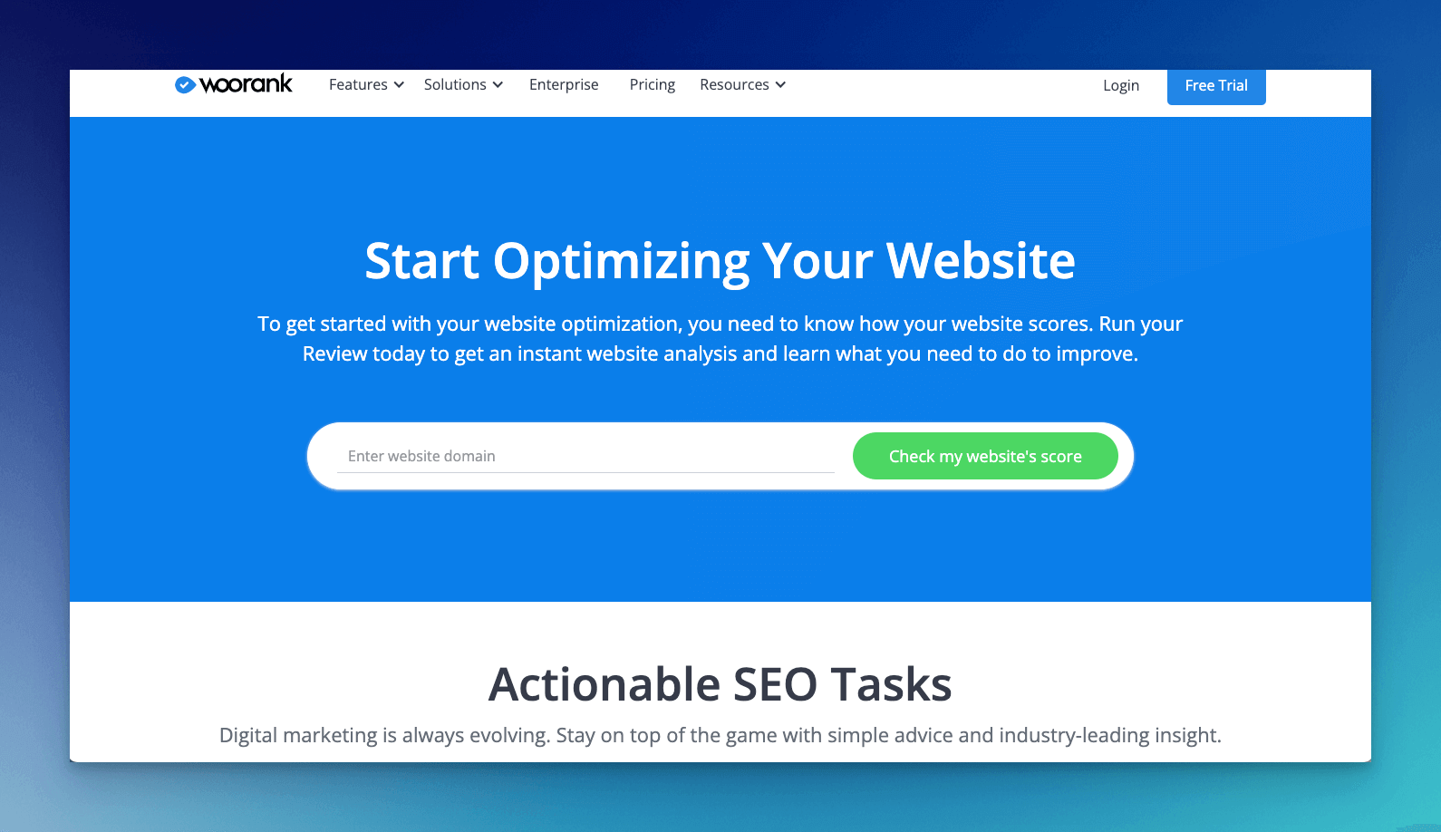 WooRank seo crawler tool homepage with blue background and a text that says "start optimizing your website"