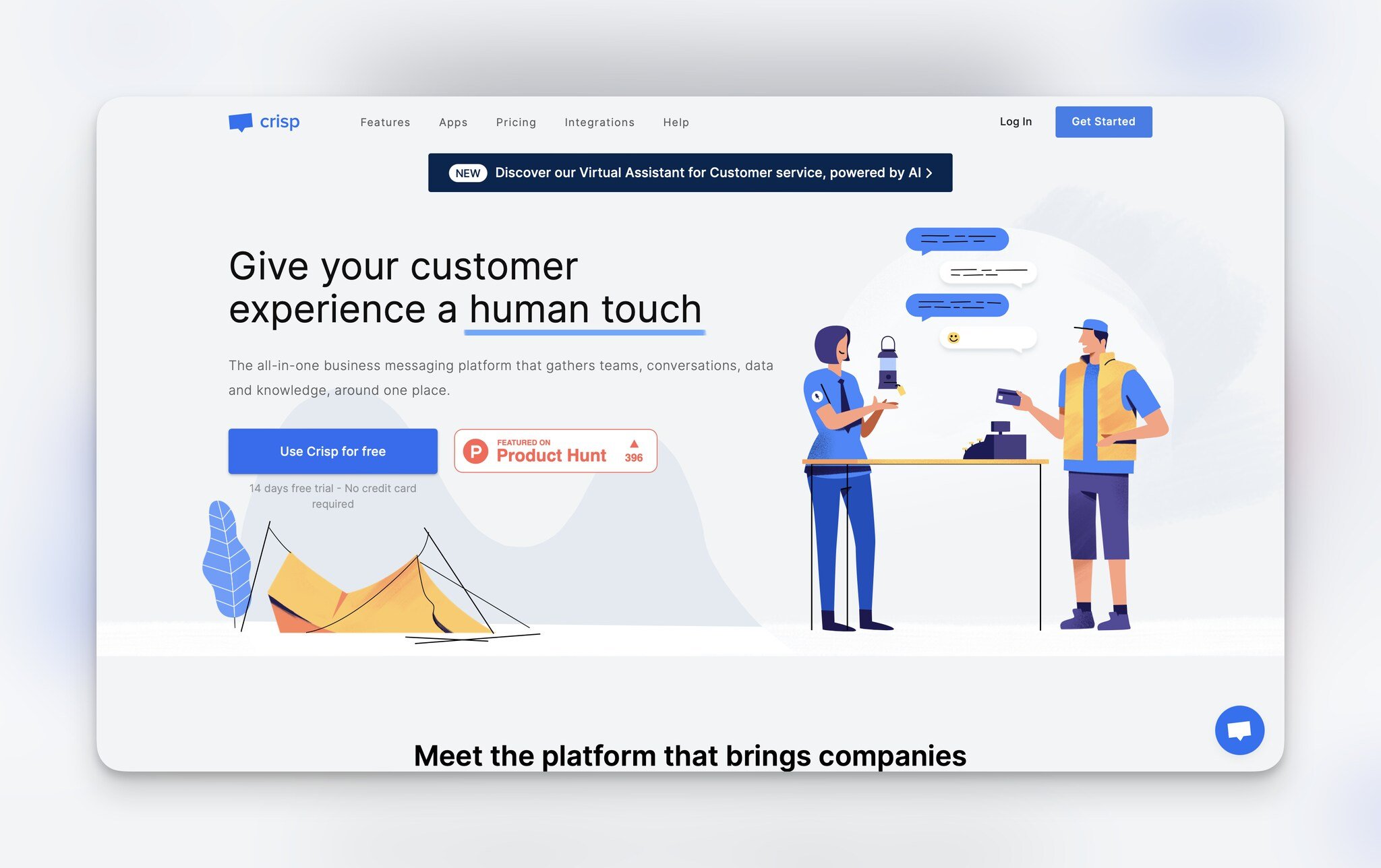 Crisp's homepage with the headline "Give your customer experience a human touch" followed by a blue "Use Crisp for free" button and on the right, there are two people at the counter with chat bubbles between