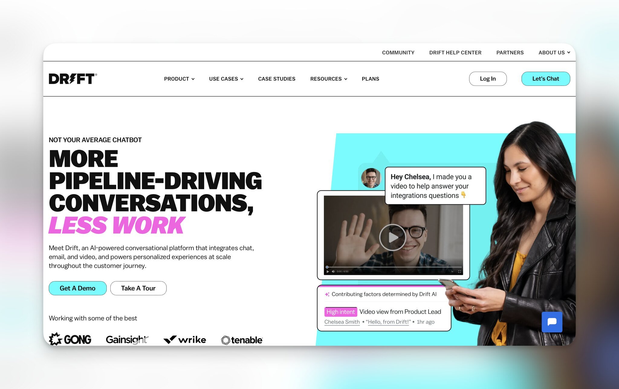 Drift's homepage with the headline "More pipeline-driving conversations, less work" followed by a turquise "Get a Demo" and on the right, there is a woman holding a phone and a video preview with chat bubbles around