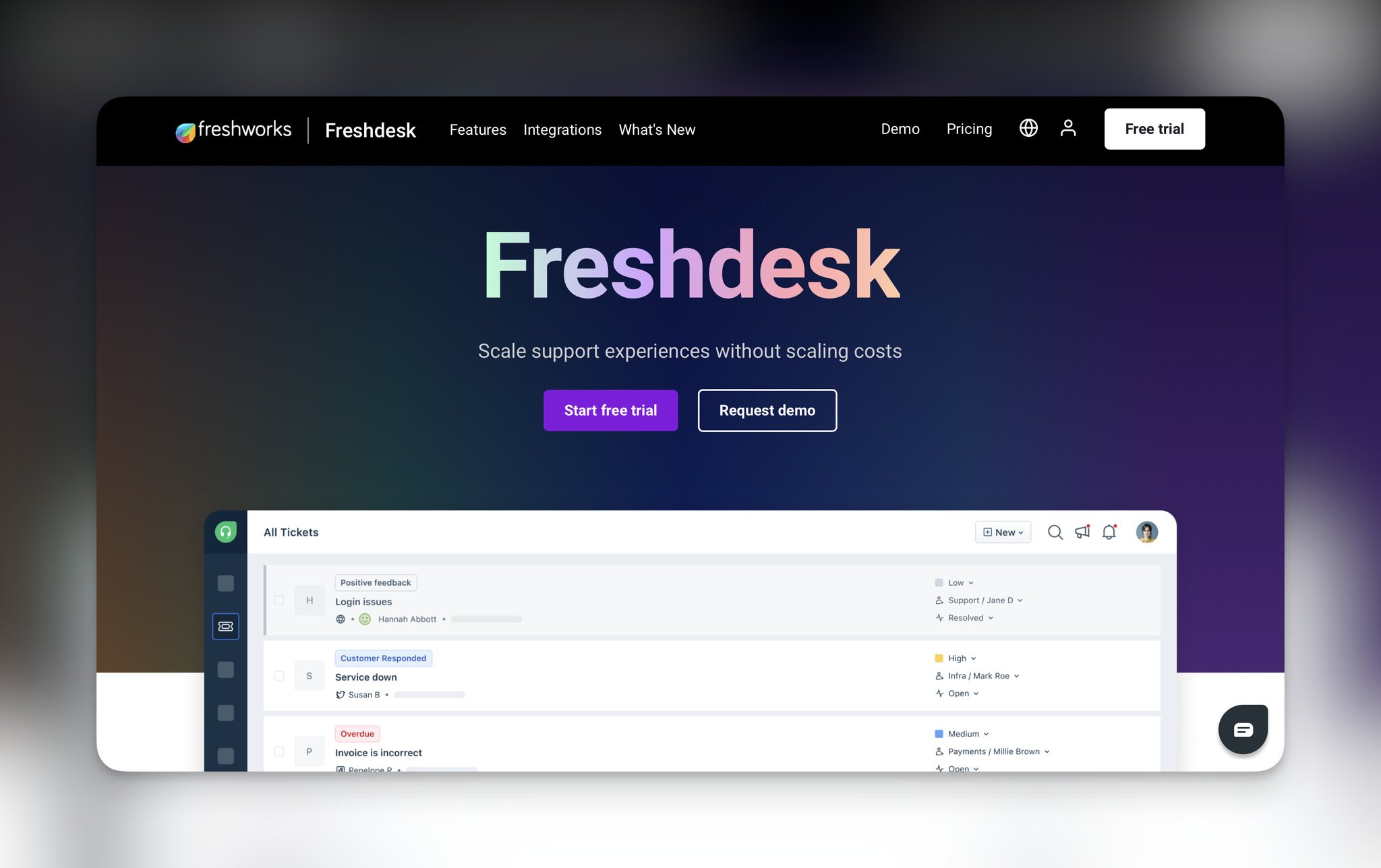 Freshdesk website with a bold "Freshdesk" headline followed by "Start free trial" and "Request demo" buttons and product interface window below