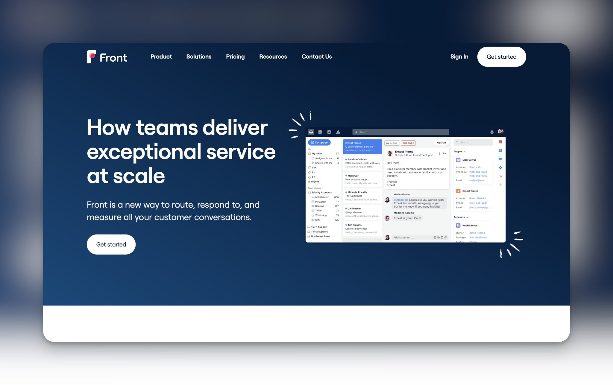 Front's homepage with "How teams deliver exceptional service at scale" headline on the left followed by a "Get started" button and on the right, there is a preview image window of the tool