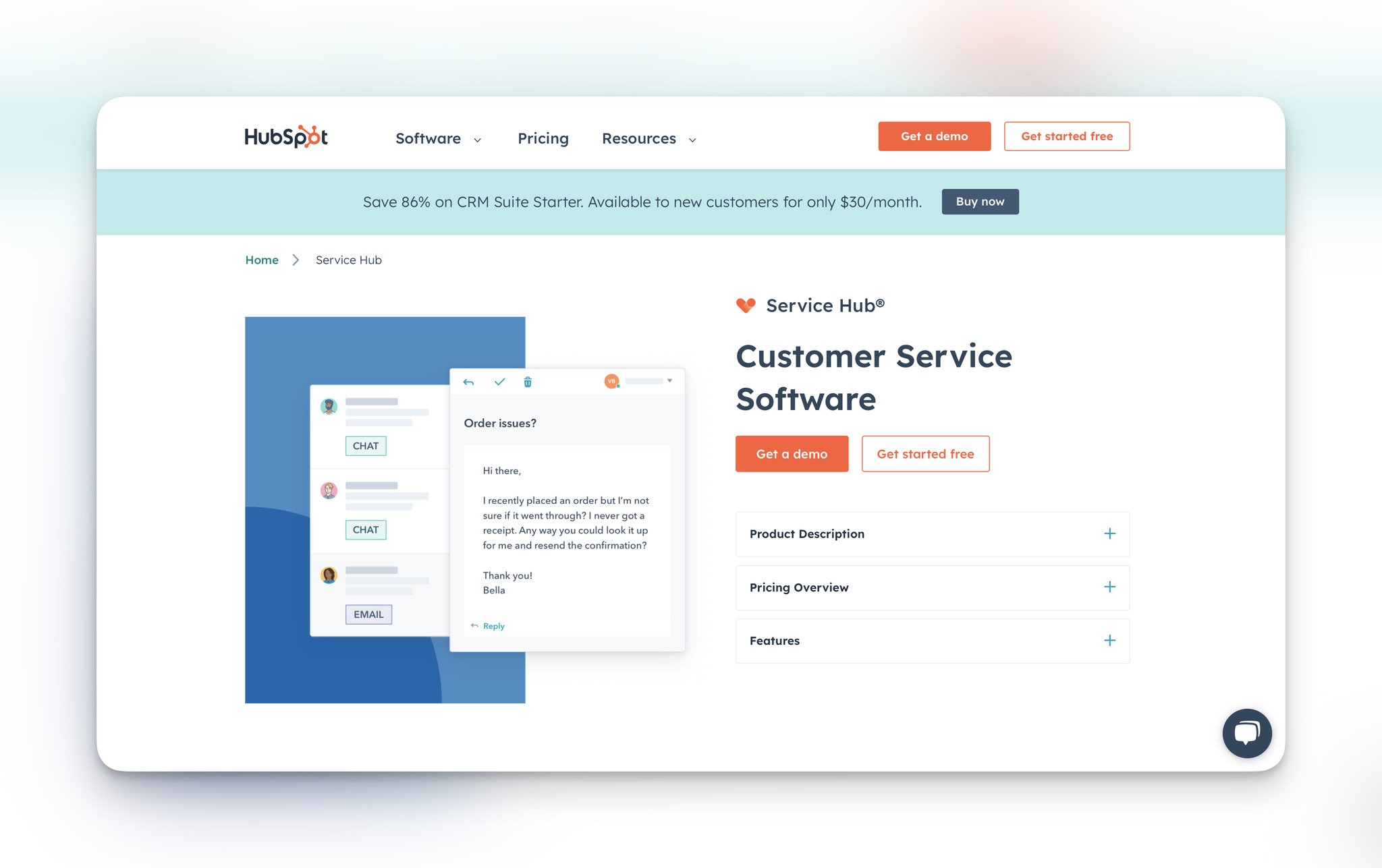 Hubspot Service Hub website with the chat windows on the left and on the right, there is a "Customer Service Software" headline followed by "Get a demo" and "Get started free" buttons