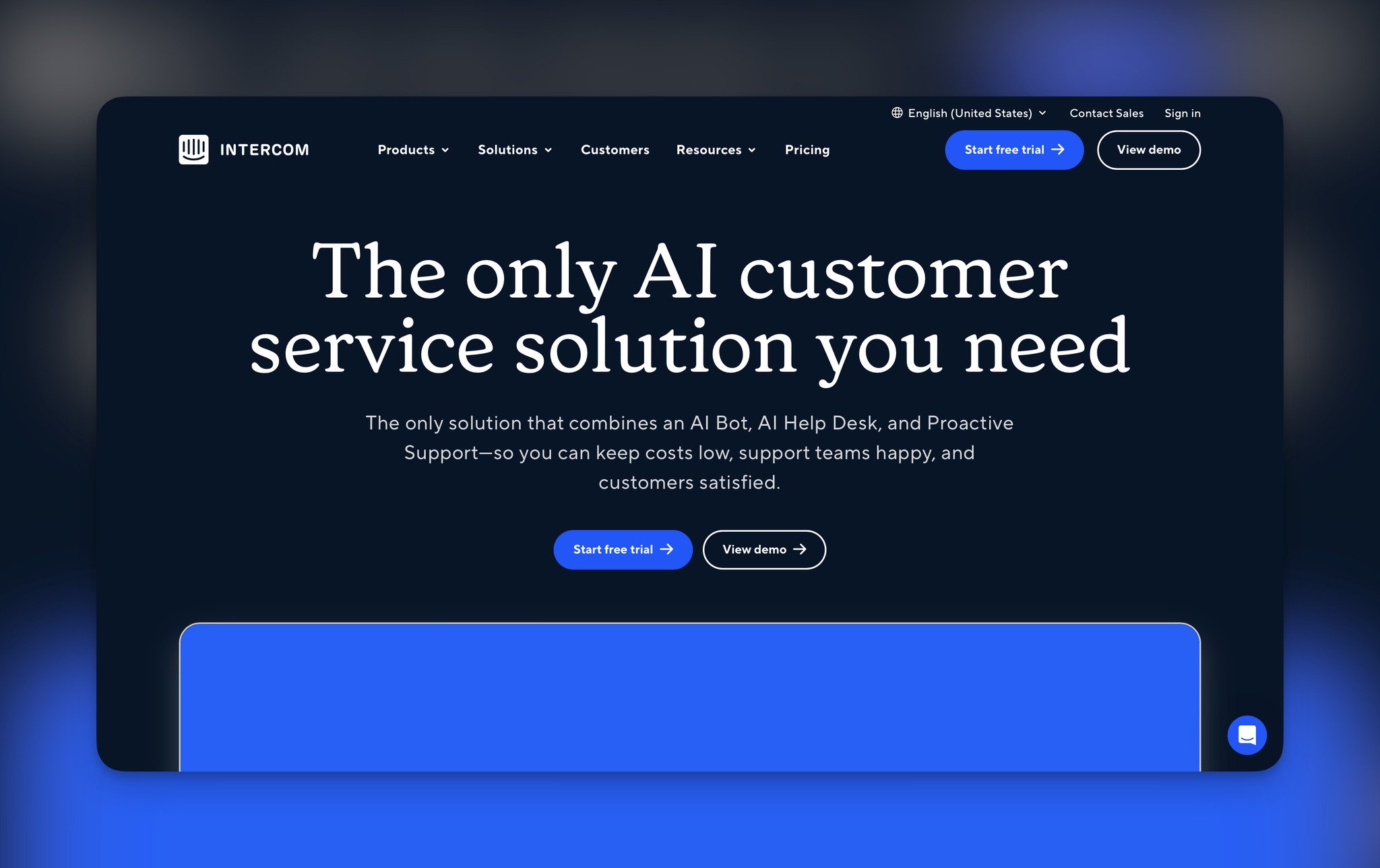 Intercom's homepage with the headline "The only AI customer service solution you need" followed by "Start free trial" and "View demo" buttons