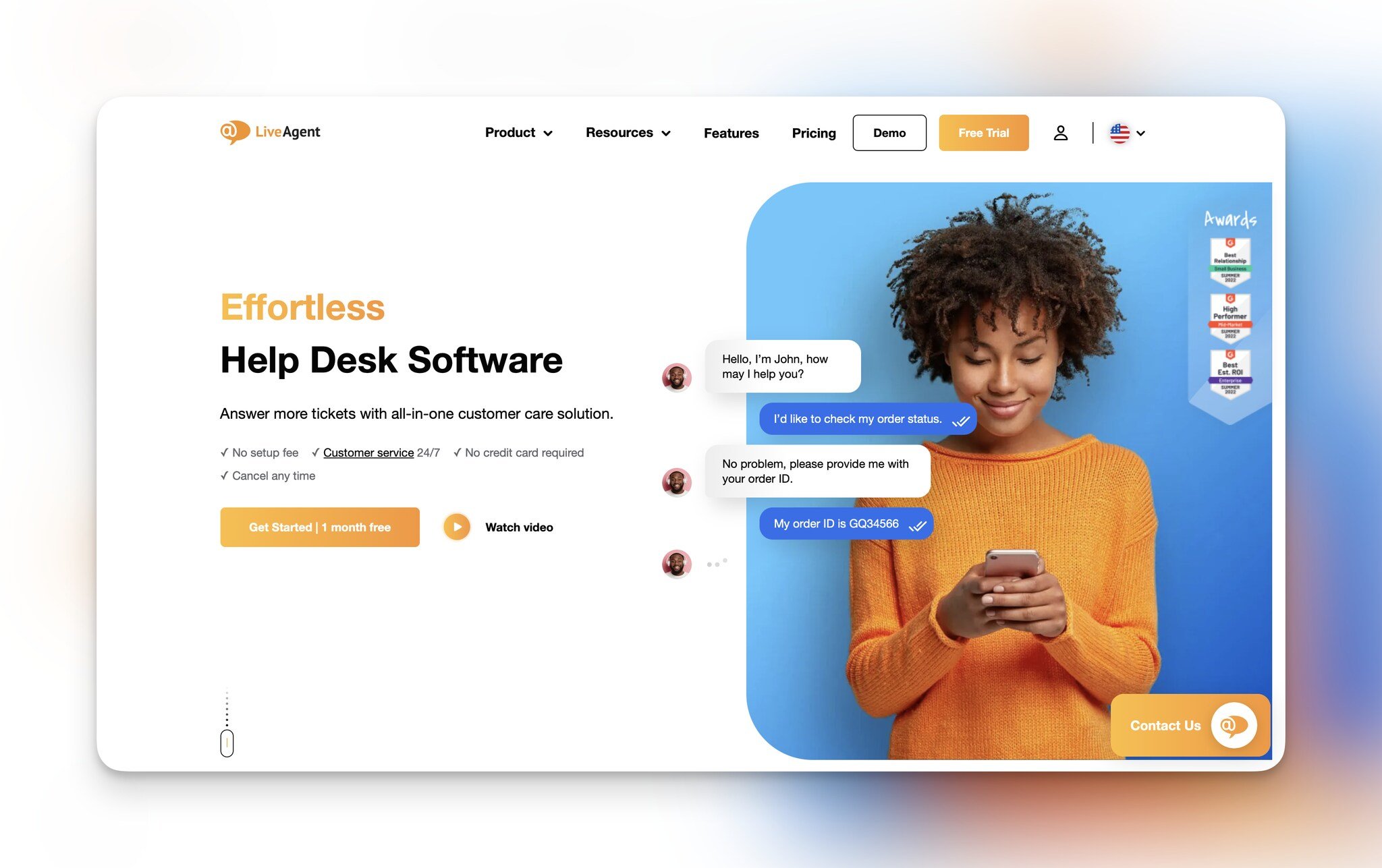 LiveAgent's homepage with the headline "Effortless Help Desk Software" followed by "Get started- 1 month free" button and on the right, there is a female looking at her phone and chat bubbles on the image