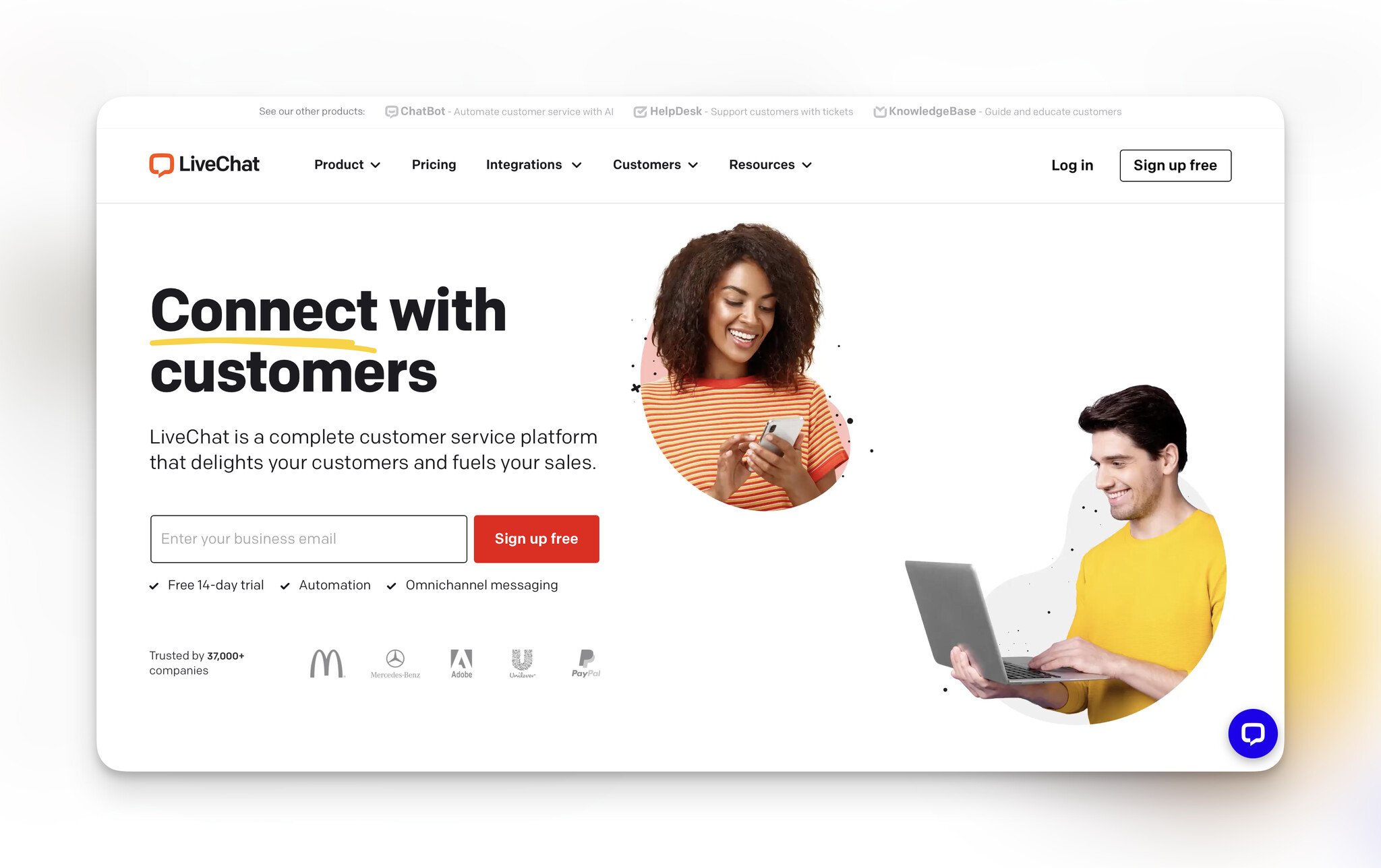 LiveChat's homepage with the headline "Connect with customers" followed by an e-mail field and on the right, there is an image of a female looking at her phone and a male looking at his laptop