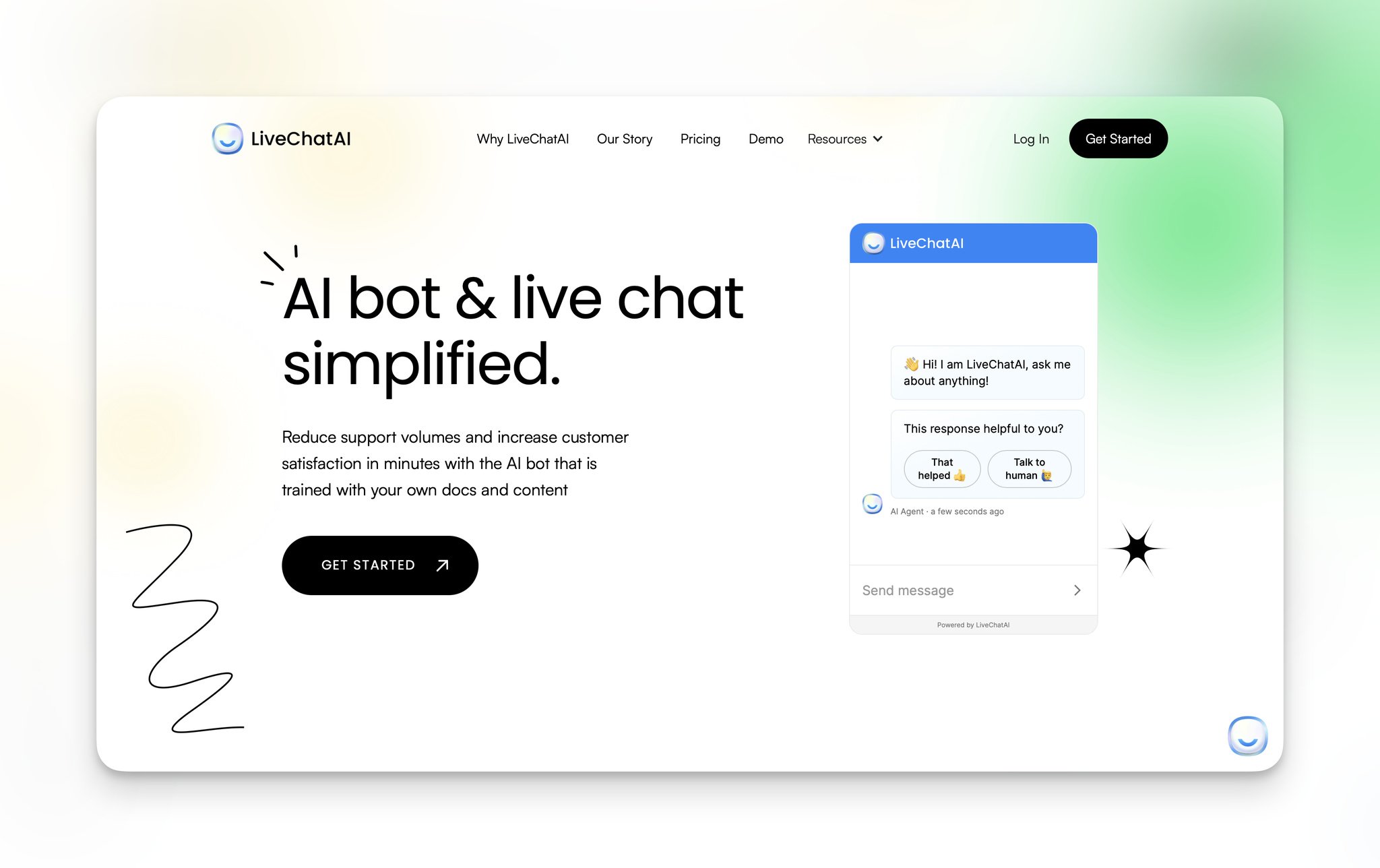 LiveChatAI's homepage with "AI bot & live chat simplified." headline on the left followed by a short piece of text about the capabilities of the tool and a black "Get Started" button and on the right, there is the interface of the chat window