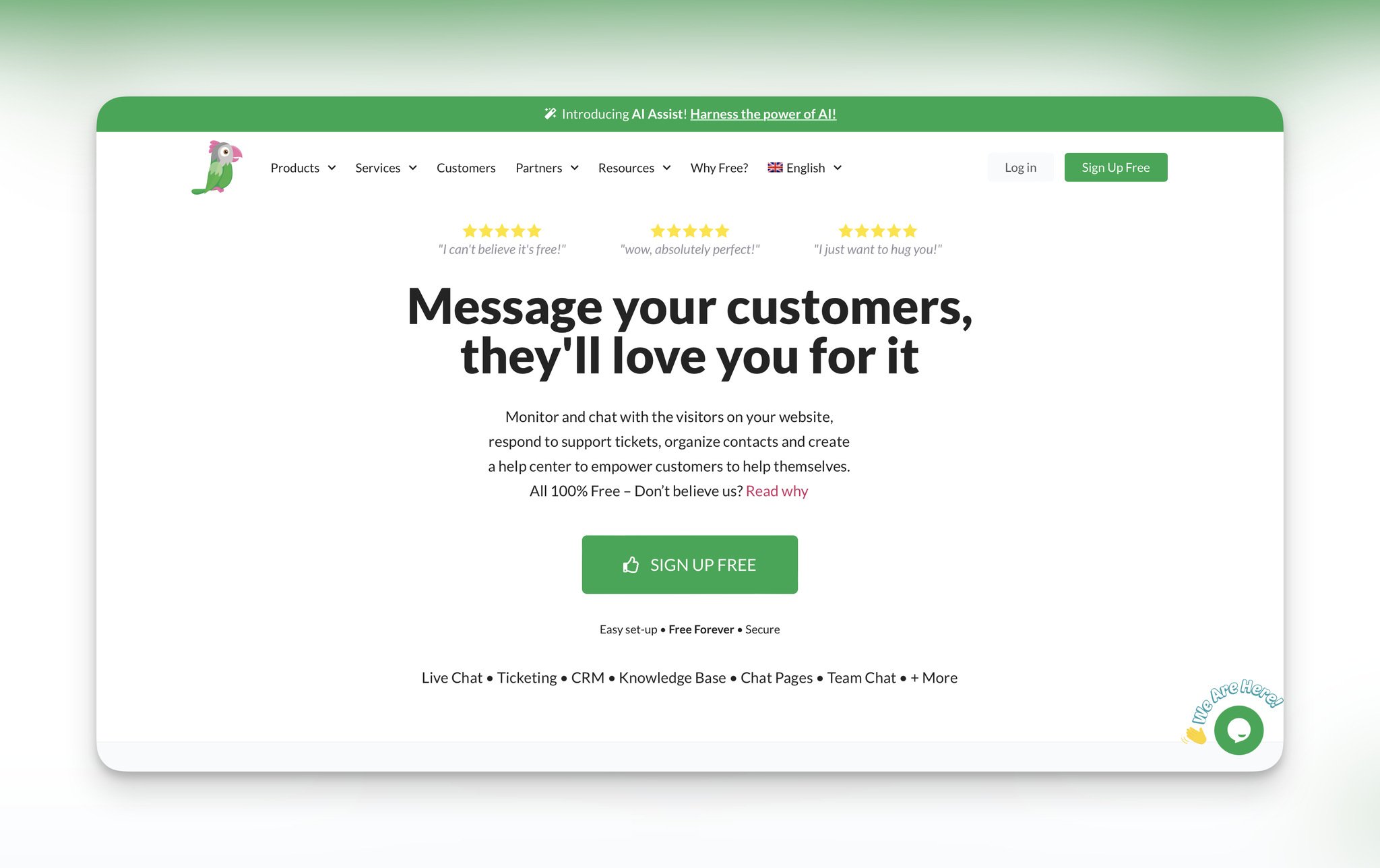 Tawk.to's homepage with the "Message your customers, they'll love your for it" headline in the center followed by a piece of text and a green "Sign up free" button below