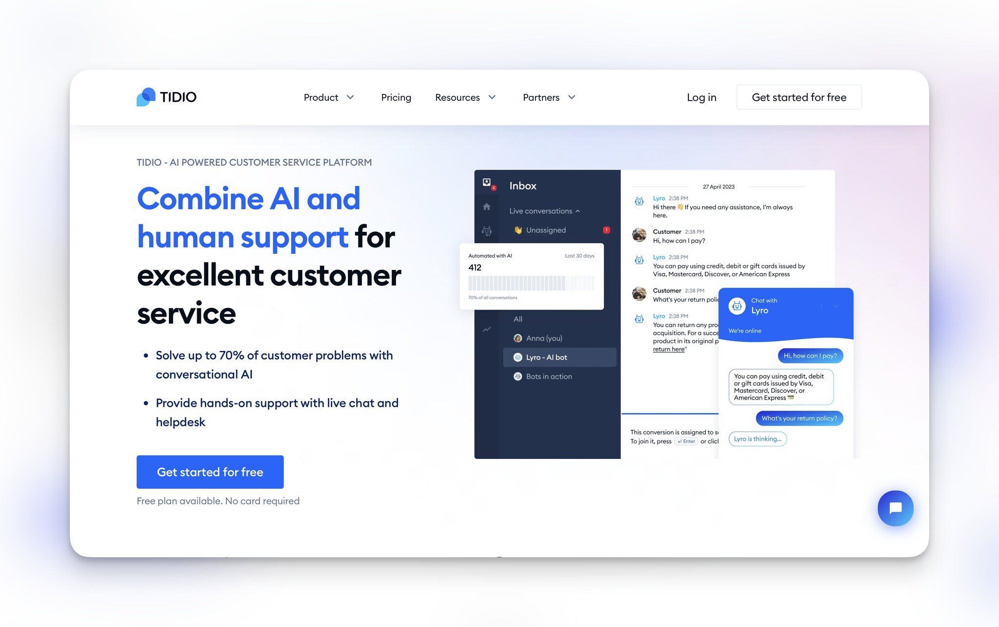 Tidio's homepage "Combine AI and human support for excellent customer service" followed by a blue "Get started for free" and on the right, there is the interface of the product and the chat window