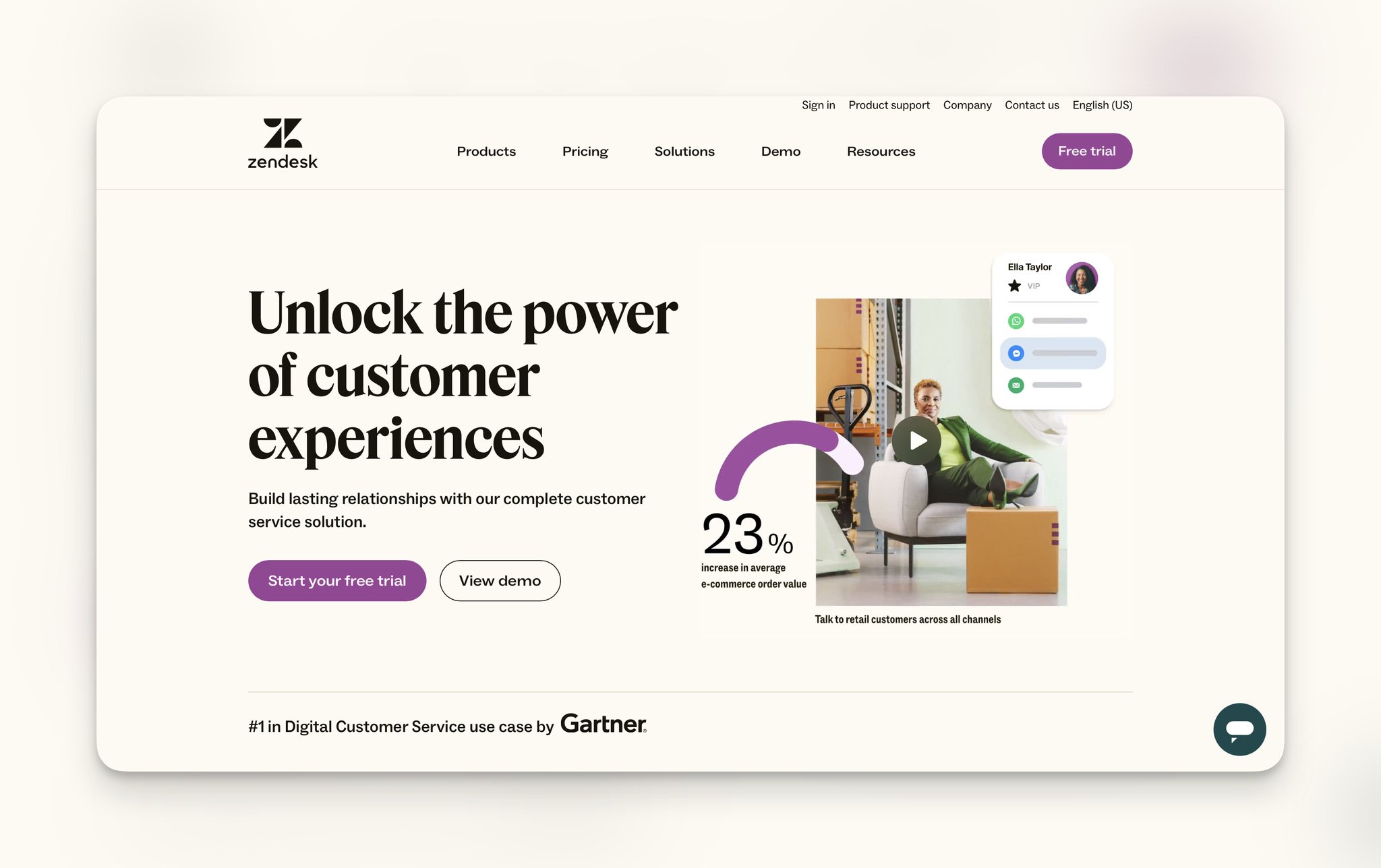 Zendesk's homepage with "Unlock the power of customer experiences" headline on the left followed by "Start your free trial" and "View demo" buttons and on the right, there is a video preview displaying a female