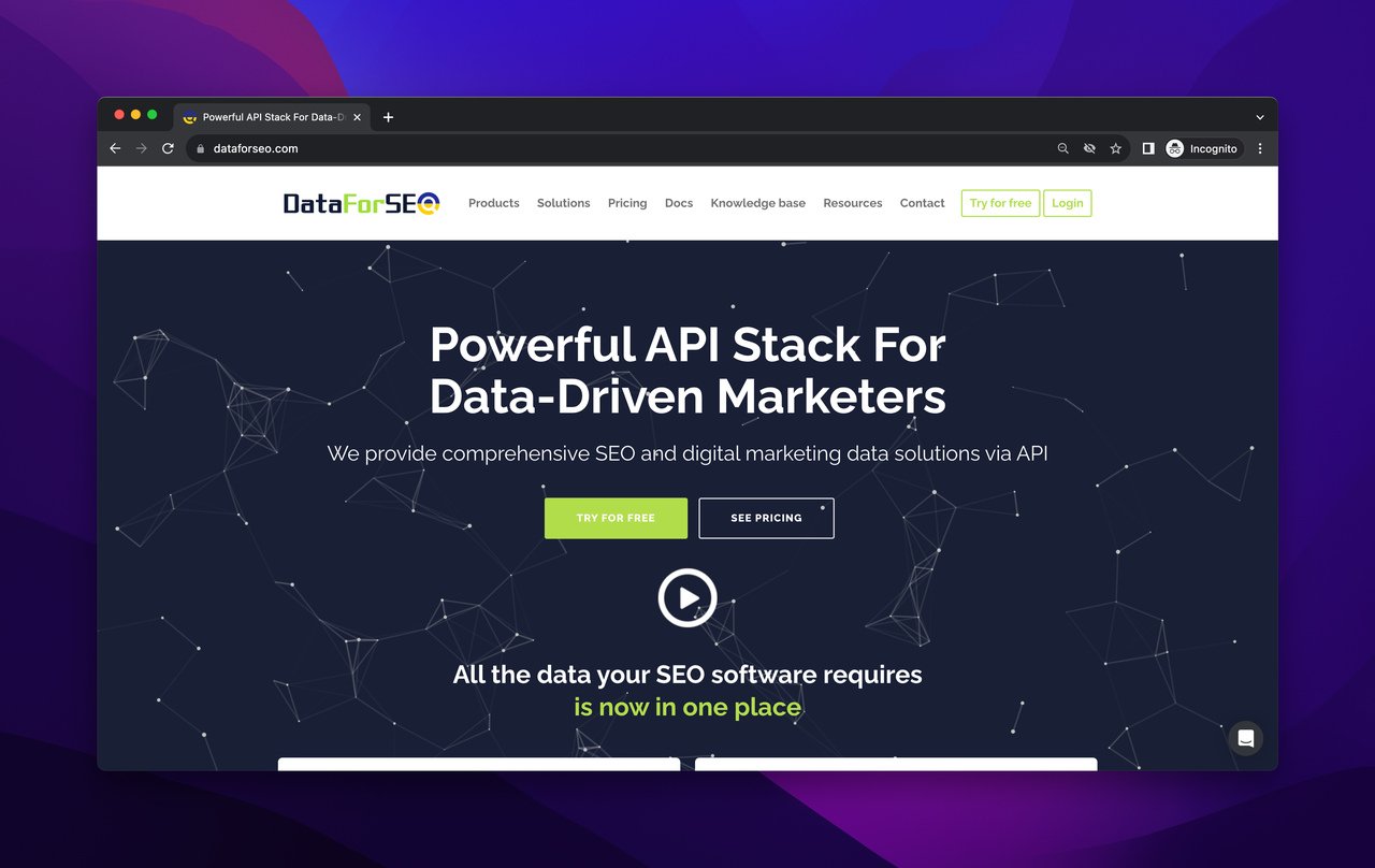 DataforSEO homepage with impressive color of black and green for buttons