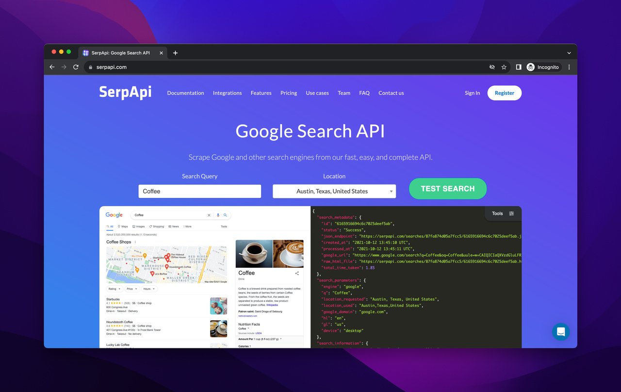 SerpApi homepage with Google search bar and purple background