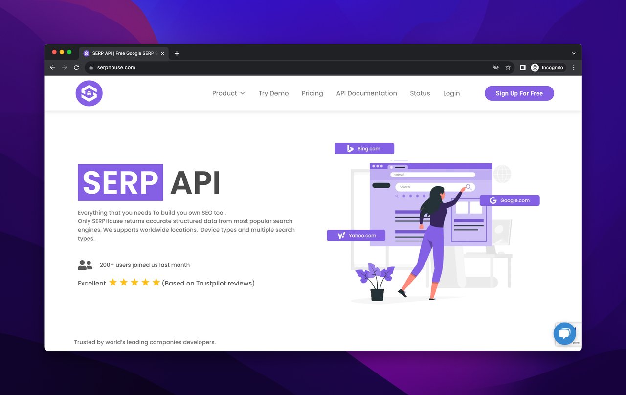 SERPhouse homepage with purple and white colors on the page with a woman icon figuring searches