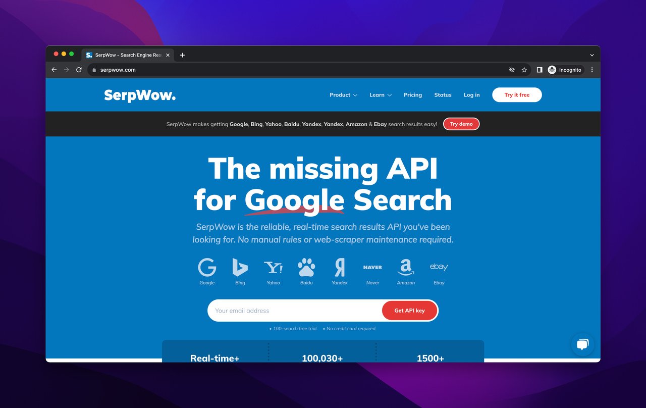 SerpWow homepage where the interactive motto and a search bar exist
