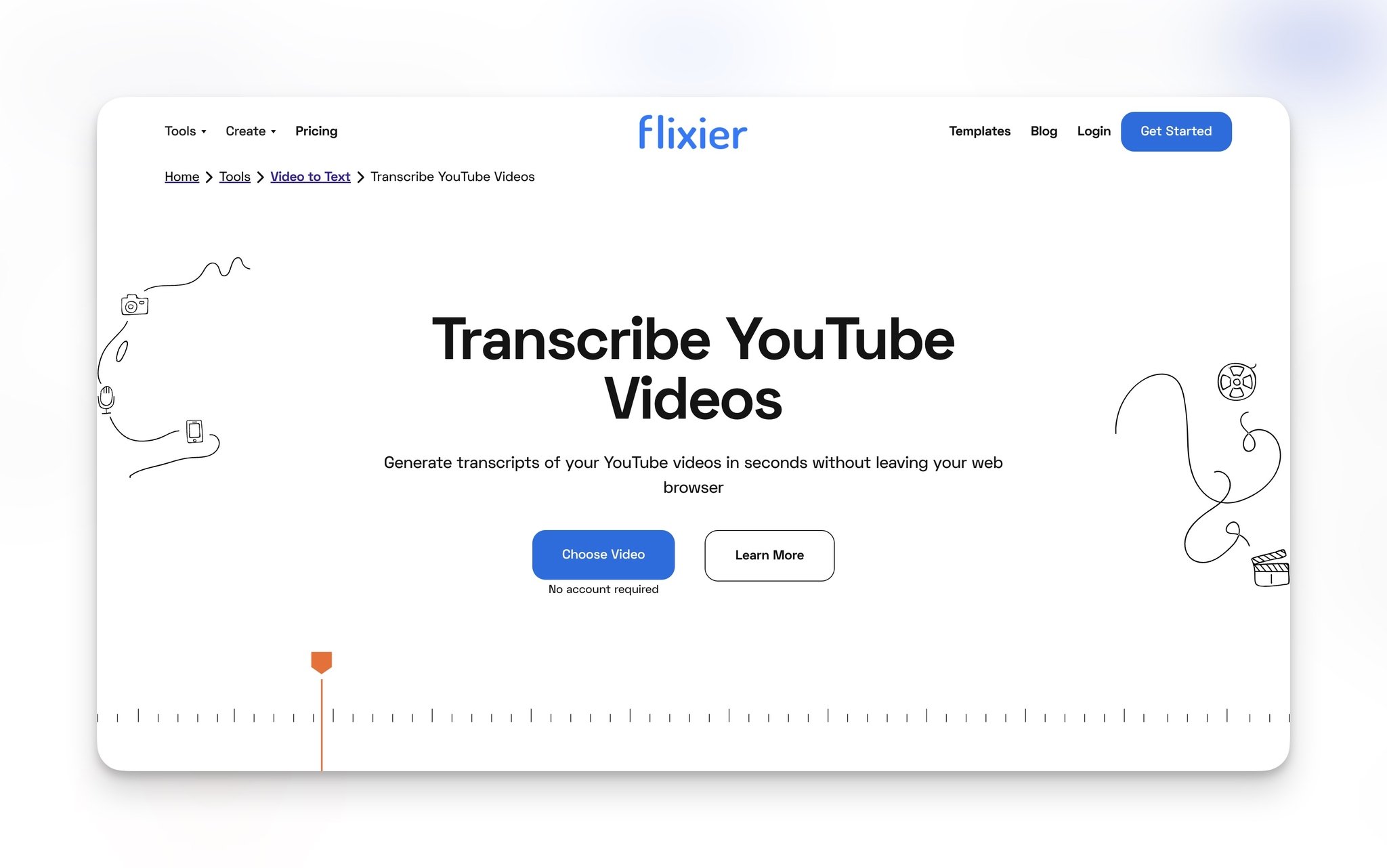 Flixier's homepage with the headline "Transcribe YouTube Videos in the center followed by "Choose Video" and "Learn More" buttons