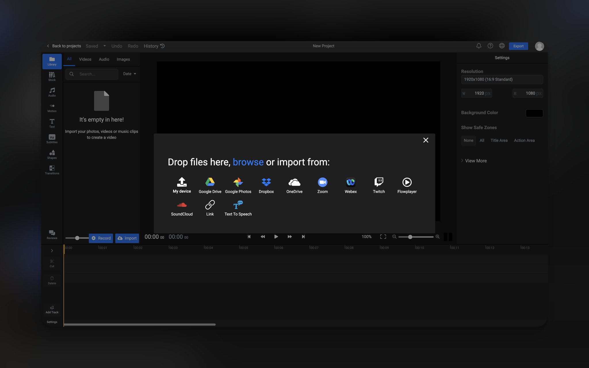 Flixier's user interface showing video upload options like Google Drive, My Device and Link URL