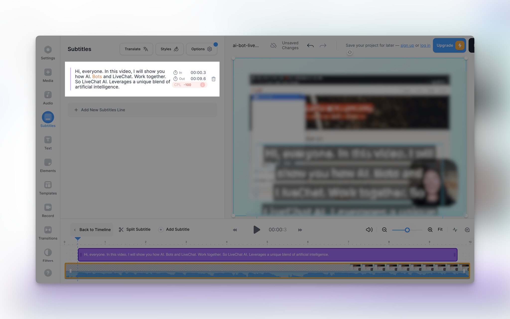 Veed.io's video transcription interface with a video on the right and a plain text shown as highlighted on the left