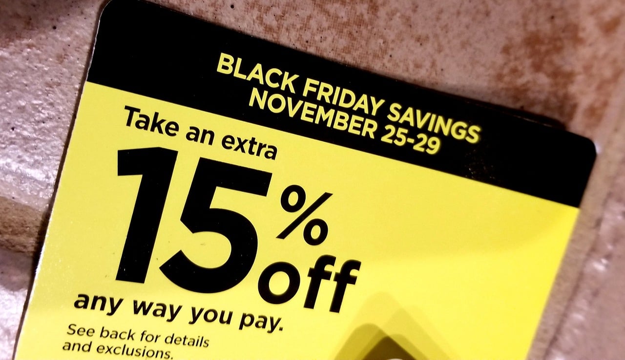 Black Friday sales discounts coupons with a yellow and black poster