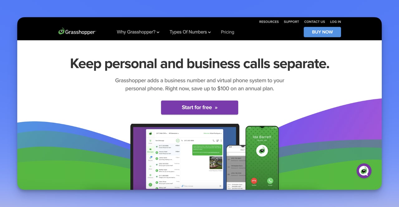 Virtual phone number provider Grasshopper homepage ss