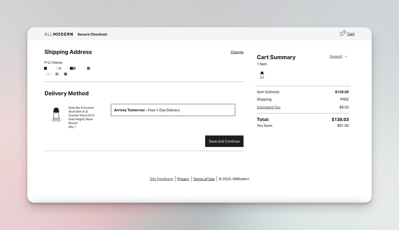 AllModern checkout page continuation