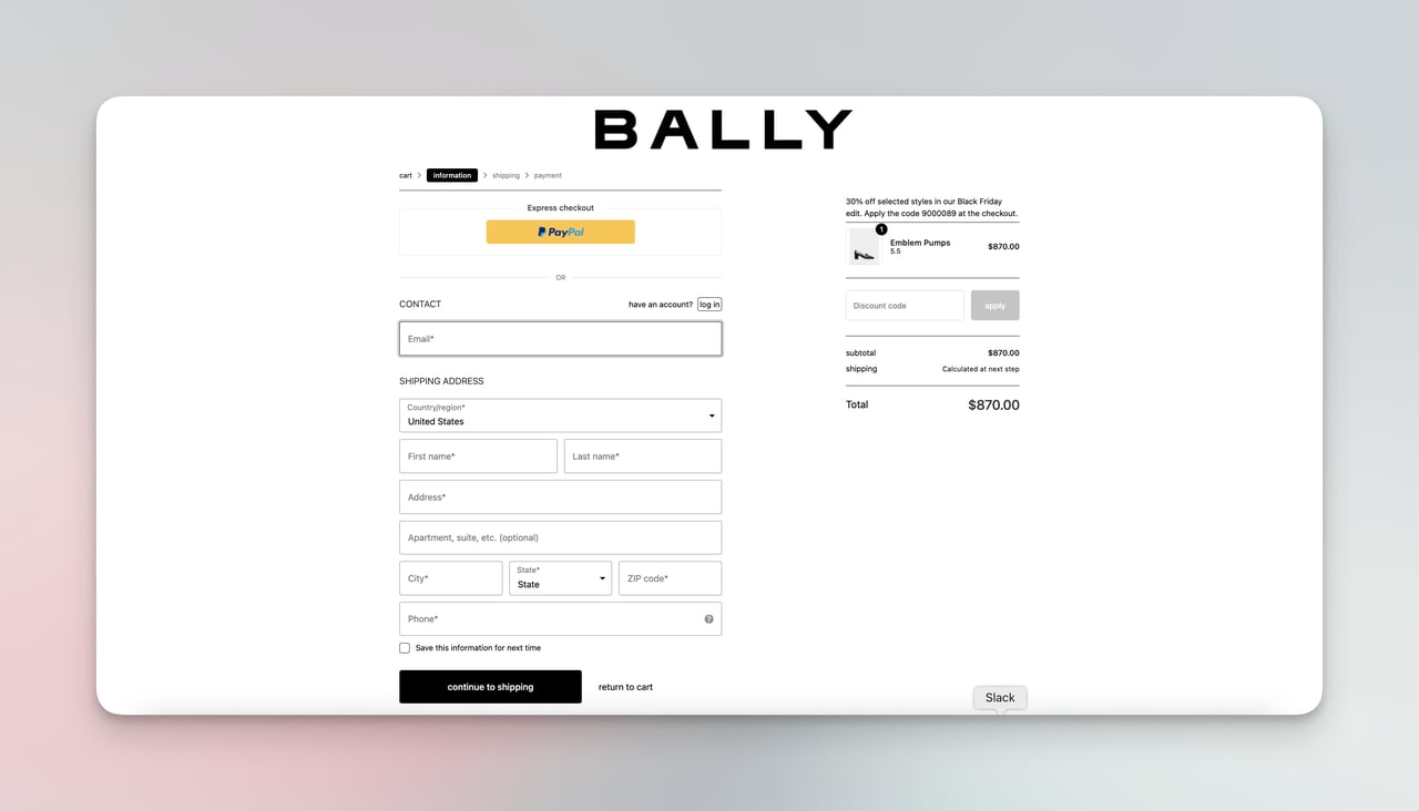 Bally checkout page