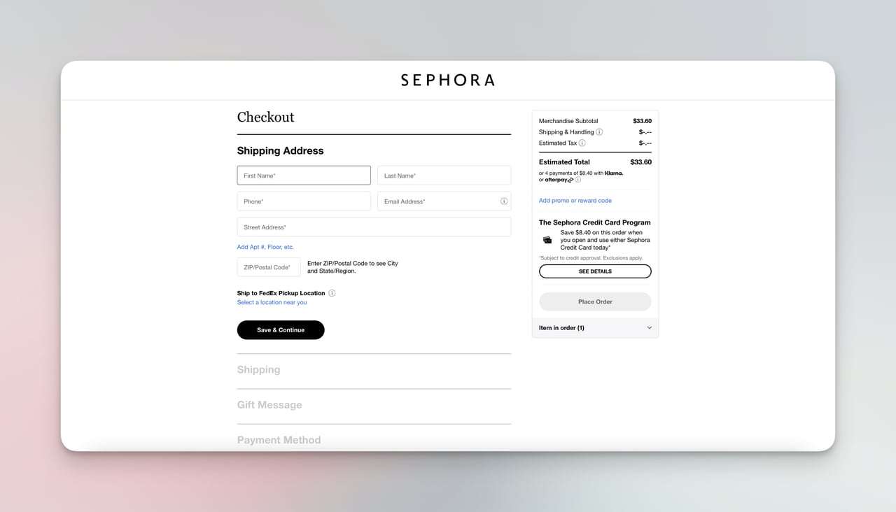 Sephora checkout page