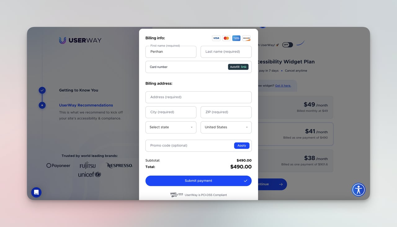 Userway checkout page continuation