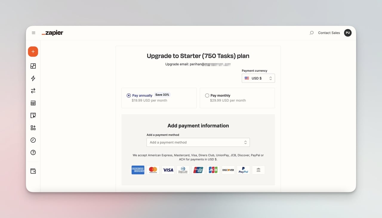 Zapier checkout page to upgrade billing
